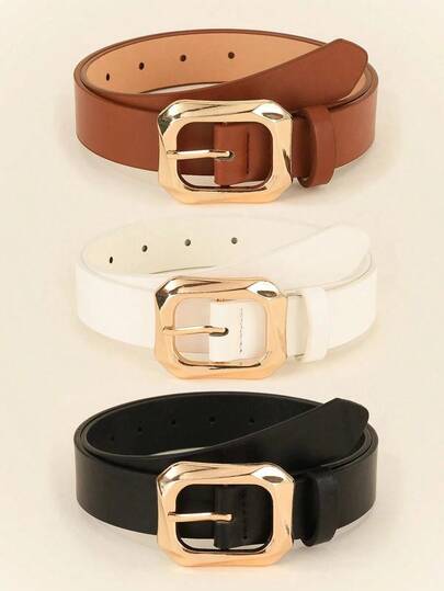 3pcs Gold Geometric Tone Square Buckle Everyday Dressy Waist Vintage Outdoorsy Style Belt For Women's Clothes, S And Dresses Casual Plus Size Halloween Fall, Autumn, Halloween AZFQ