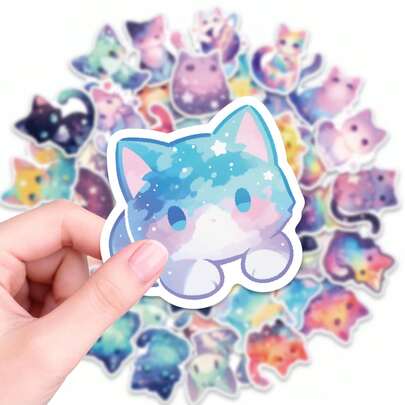 50pcs Rainbow Starry Cat Stickers, Cute Watercolor Cartoon Kitten Stickers For DIY Crafts, Notebook, Laptop, Phone Decoration