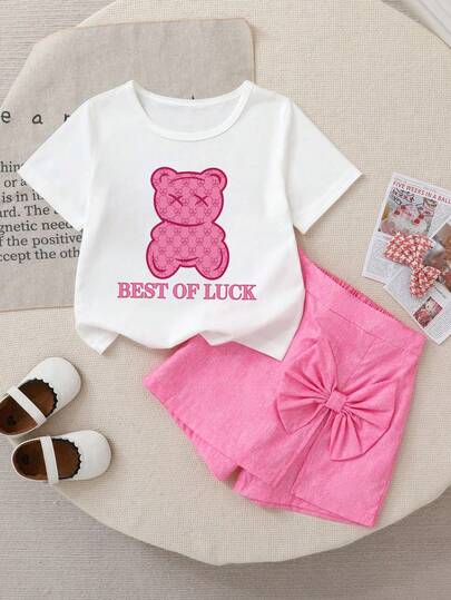 女童卡通印花圆领短袖上衣和蝴蝶结装饰短裤套装