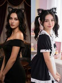 2pcs/Set Lolita Style Polka Dot Mesh Cat Ear Headband, Sweet Ribbon & Hollow Lace Photography Props - Black - View 4