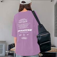 Women's Oversized Printed T-Shirt - Cheerful Paradise Phrase - Loose, Casual, Stylish, Modern, And Cool Blouse - 紫丁香 - 查看 12