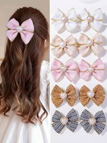 4pcs/2pcs New Heart Pearl Edged Plaid Fabric Bow Hair Accessories, Bow Duckbill Hair Clips, Fabric Bow Ponytail Clips, Fashionable Hair Decorations - Multicolor - View 8