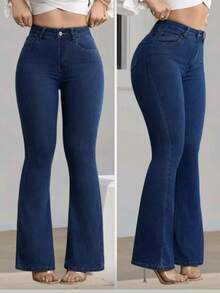 Women's Flare Jeans, Blue Wash, High Waist, Bell Bottom With Lycra. - 深色水洗藍 - 查看 4