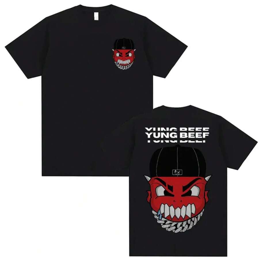 Camiseta con patrón del álbum de Yung Beef, verano 2026, camiseta casual cómoda de hip hop gótico Harajuku para hombres, ropa de calle Y2K - Negro - Ver 1
