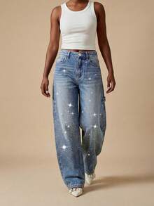Women's Luxury Blue Wide Leg Jeans, Elegant Gradient Rhinestone Denim Pants, Fashionable Y2K Aesthetic Suitable For Party Nights, Shiny Spring/Summer Denim Pants Jacket - Dark Wash - View 5