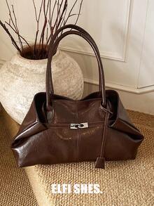 Large Capacity Commuter Tote Bag, Women's Solid Color PU Fabric Shoulder Bag, Magnetic Closure, Suitable For Girls, Ladies, College Students, Career Starters And Office Workers, Great For Work, Business, Commuting, School - Coffee - View 10