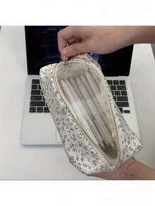 Floral Canvas Pencil, Durable Multi-Functional Storage Bag Pens, Cosmetics, Stationery Accessories, Desk Accessories, Pen Holder. - 紫色鉛筆盒 - 查看 2