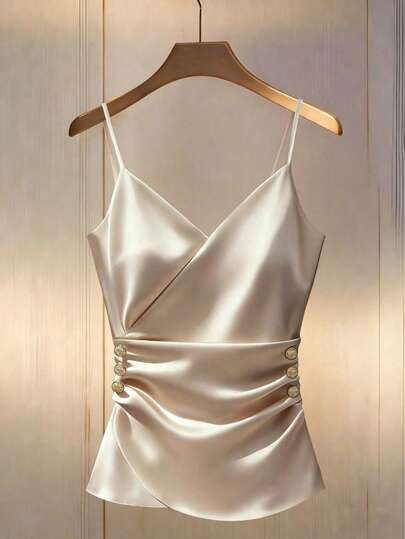 Sexy Spaghetti Strap Ruffled Metal Buckle Fitted Camisole Satin Silk Top Elegant Camisole Champagne-Colored Camisole Formal Top Champagne-Colored Top Satin Shirt Elegant Top Summer
