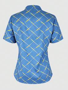 Áo thun nữ cổ chữ V tay ngắn màu xanh dương, chất liệu polyester, họa tiết hình học vàng, kiểu dáng thường ngày, thoải mái. - Màu xanh lam - Xem 6