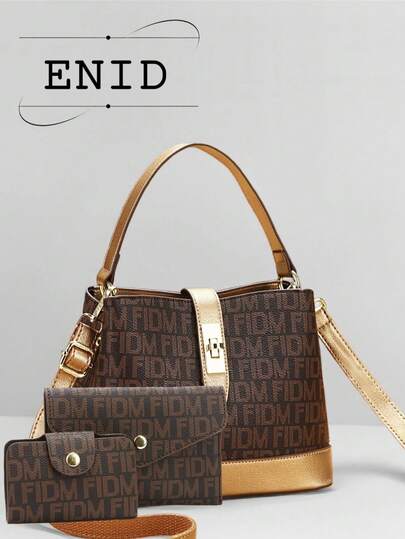 New Stylish Color Block Women's Handbag Set, Includes 3 Pieces: Casual Printed Bucket Bag, Shoulder Bag, And Crossbody Bag