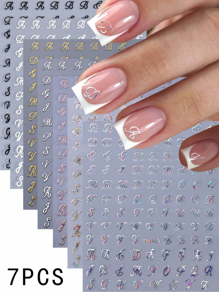 7pcs Gothic Style Nail Art Stickers, Mixed Colors (White, Black, Silver Letters, Old English Characters), DIY Nail Decoration Set - Multicolor - View 1