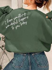 美好的一天，友善积极的字母图案可爱女式宽松圆领长袖休闲卫衣，秋冬款 - 橄欖綠 - 查看 2