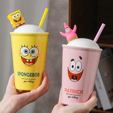 海绵宝宝大容量卡通吸管杯，情侣吸管水杯，陶瓷马克杯，家居礼品 - 彩色 - 查看 4