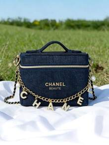 CHANEL Navy Blue Mini Pouch, Canvas Fabric Box Bag, Fits Smartphone. Shoulder Bag, Jewelry Box And Storage Box, Versatile And Elegant, Adjustable Chain Strap Converts To Crossbody, Suitable For Casual Daily Use Or As A Luxury Gift For Women And Fashion Enthusiasts.