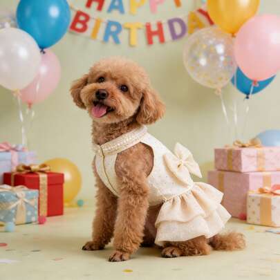 Elegante vestido de perro color champán con moño, ropa de moda para mascotas, vestido de boda de lujo para mascotas, disfraz de princesa con encaje para fiesta de cumpleaños de cachorros, ropa formal para perros, gatos, chihuahuas, yorkies