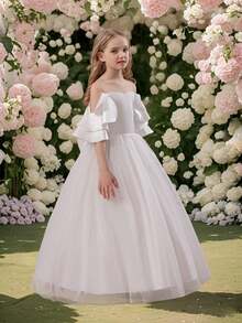 Tween Girl Bowknot Mesh Off-Shoulder Flower Girl Dress, Easter Princess Gown, Suitable For Baby Birthday Party, Prom, Special Occasions, Holidays, Flower Girl Wedding Dress - White - View 7