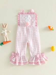Monos para niñas, bonitos pantalones acampanados con lazos de conejo a cuadros, ropa de Pascua para uso diario informal. - Rosa - Ver 6
