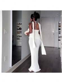 New Women's Clothing Neck Halter Elegant Pure White Elegant Dress - trắng - Xem 4