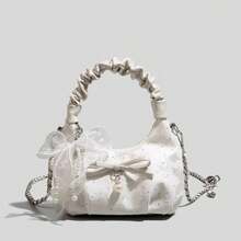 French Chiffon Tassel Bow Pearl Pleated Handbag & Shoulder Bag, Girly Chain Bag, Unique Pleated Cloud Bag, Versatile Commuter One Shoulder Underarm Bag, Sweet Girl Date Handbag - Multicolor - View 7
