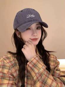 Couple's Simple Letter Embroidery Soft Top Retro Plaid Brimmed Cap, Thin Long Brim Sun Protection 5-Panel Hat, Streetwear Flat Brim Snapback Cap, Checkered Baseball Cap, Unisex American British College Style Sports Sun Hat, Spring/Summer - College Style - View 4