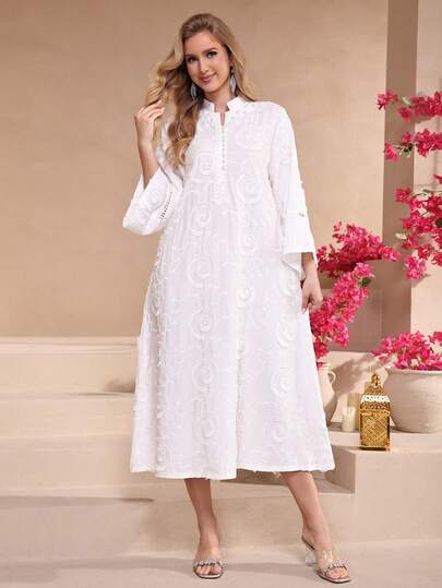 2026 New Style Elegant White Long Sleeve Stand Collar Embroidered Jalabia Dress, Ramadan Traditional Women Dress