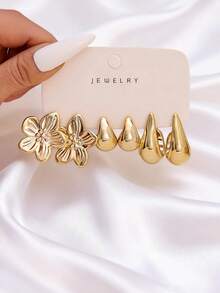 1 Set Fashionable Minimalist Geometric Pattern CCB Earrings Set, Suitable For Daily Wear - Yellow Gold - View 3