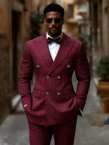 Men's 2-Piece Double-Breasted Suit: Burgundy Peak Lapel Set For Fashion-Forward Wedding Looks - 紅色 - 查看 10