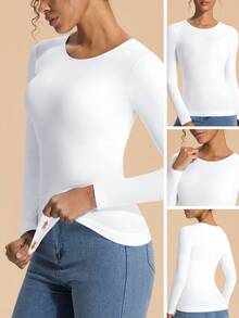 Women's Seamless Sports Bra Top, Crew Neck Long Sleeve Lightweight Undershirt For Summer