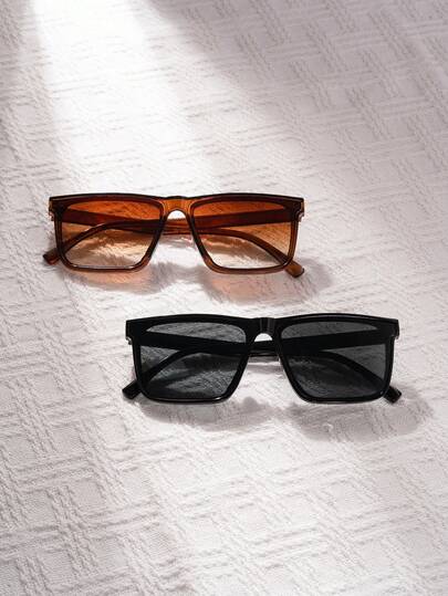 两副黑色和棕色简约方形眼镜，Y2K风格，男女通用，适合夏季海滩穿着