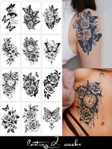 1-2周防水临时纹身贴纸，性感玫瑰、牡丹、兰花、蝴蝶、时钟多图案可选，天然植物成分，适用于手臂、大腿、胸部、背部、肩膀、锁骨等部位，适合DIY嘉年华、情人节、派对等场合。 - 藍色 - 查看 2