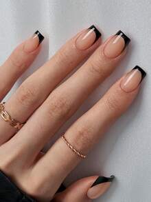 Bộ 150 miếng dán móng tay vuông ngắn kiểu Pháp, miếng dán móng tay gel mềm màu đen kiểu Pháp, bộ móng giả, thích hợp cho việc tự làm móng, tối giản và đa năng, 15 kích cỡ, dành cho nữ. - màu đen - Xem 3