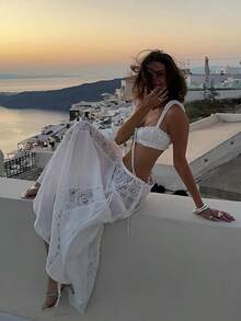 Women Flowy Maxi Skirt 2 Piece Floral Lace Skirt Set Sleeveless Bra Crop Top Ruffle Hem Low Rise Midi Long Skirt Bohemian Y2k Matching Set Sundress Boho Long Dress Beach Party Formal Dresses Wedding Gust Dress Vacation Outfits - 白色 - 查看 5