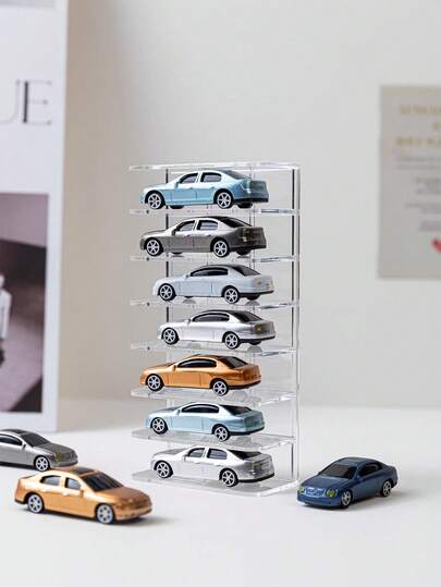 1pc Plastic Display Stand For Toy Car Models - Transparent Showcase Organizer For Collectibles Matchbox Wheel Toy Cars. Can Hold 7 Mini Toy Cars. Home Decor