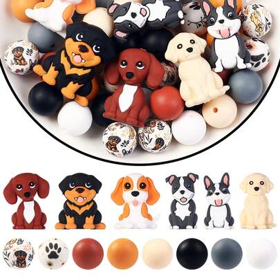 6/46pcs 3D Dog Themed Silicone Beads, Including 3D Dachshund, 3D French Bulldog, 3D Rottweiler, 3D Golden Retriever, 3D Pitbull And 3D Yellow Puppy Shaped Silicone Focal Beads, Suitable For DIY Crafts, Pen Decorations, Focal Beads And Accessories, Colorful Beaded Embellishments