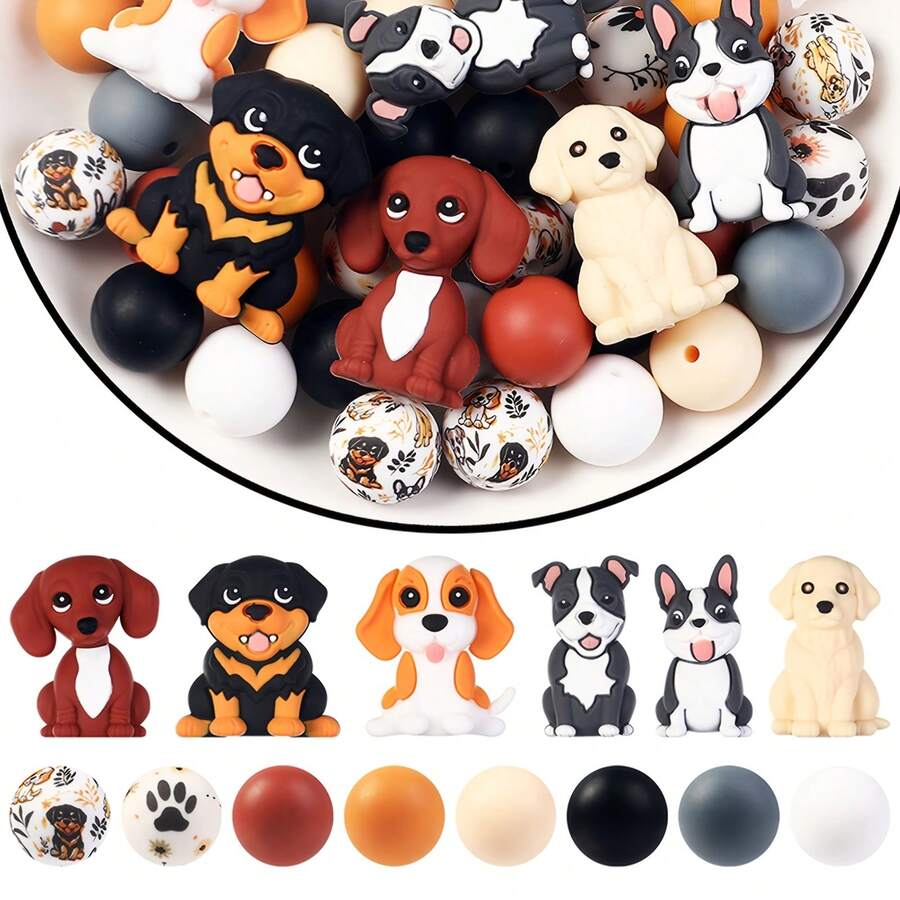 6/46pcs 3D Dog Themed Silicone Beads, Including 3D Dachshund, 3D French Bulldog, 3D Rottweiler, 3D Golden Retriever, 3D Pitbull And 3D Yellow Puppy Shaped Silicone Focal Beads, Suitable For DIY Crafts, Pen Decorations, Focal Beads And Accessories, Colorful Beaded Embellishments - Bộ sưu tập động vật con - Xem 1