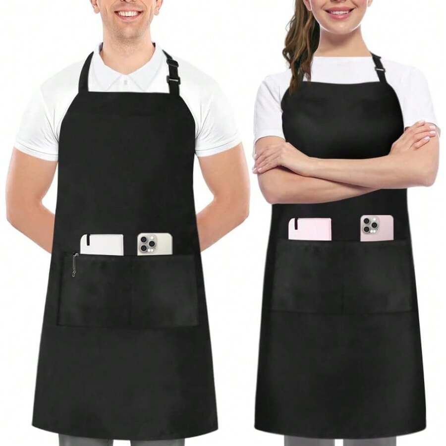 Bestselling 2-Piece Chef Apron For Women Men, Adjustable With Two Pockets, Waterproof & Oil-Resistant Cooking Cover - 黑色 - 查看 1