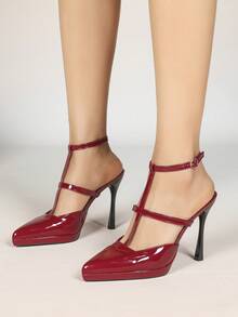 女士尖头厚底闭趾踝带金属扣高跟凉鞋，简约基础款，适合夏秋穿着 - 紅色 - 查看 4
