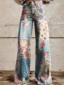 Plus Size Women's Bohemian 3D Print Retro Floral Patch Jeans - Wide Leg Non-Stretch Denim Pants With Button Closure, Machine Washable Casual Spring/Fall Trousers, Spring Fall Clothing - 彩色 - 查看 4