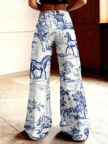 Women's High-Waisted Vintage Bell-Bottom Jeans Pants - Wide-Leg Cowboy Trousers With Blue Horse & Floral Landscape Print, Stretch For Fall/Winter, Beltless Button Closure (Machine Washable) - Straight-Leg For Comfortable Streetwear - 彩色 - 查看 3