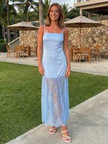 Women Slip Dress, Sleeveless Lace Patchwork Cocktail Dress Summer Long Dress For Party - Blue - View 2