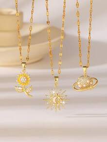 1件时尚欧美风格向日葵镶嵌闪亮锆石设计，不锈钢镀金链项链，适合女性日常佩戴、重要场合、约会、聚会、节日等。 - 金黃色 - 查看 10