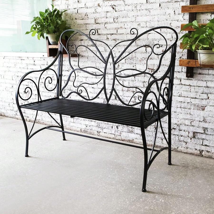 HLC Outdoor Bench Outdoor Sturdy Rust-Resistant Bench Butterfly Cast Iron With Armrests Park,Yard, Patio, Porch, Lawn Double Seats - Black - View 1