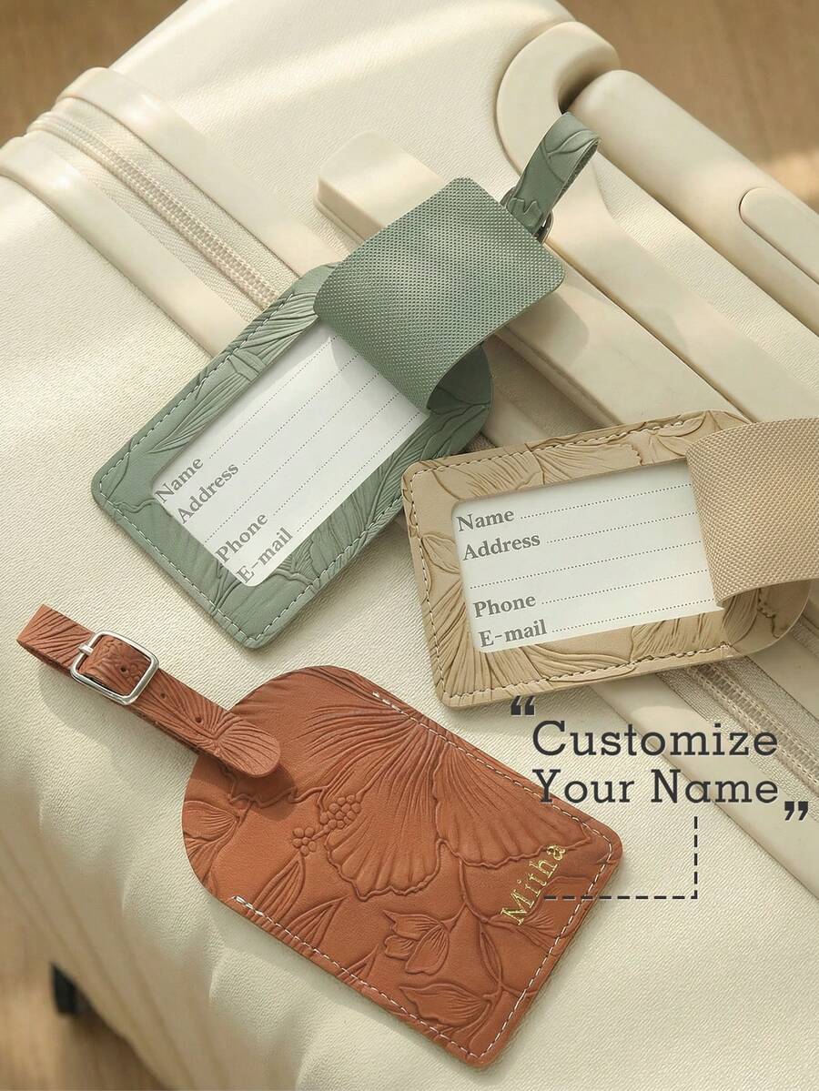 1 pieza Etiqueta de equipaje personalizada con nombre, adecuada para maletas, etiqueta de equipaje con palabra de nombre en letra dorada personalizada con patrón de flores grabado, etiqueta de cuero genuino personalizada con tarjeta de visita oculta, accesorio de viaje, hecho a mano, regalo elegante para dama de honor - Multicolor - Ver 1