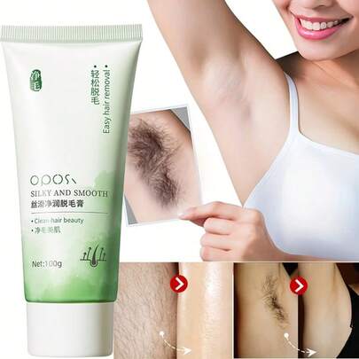 100克柔滑脱毛膏，温和无痛，持久柔滑肌肤，不刺激皮肤，蕴含胶原蛋白和透明质酸，适合所有肤质，男女皆宜，可用于全身、胸部、腿部、腋下和比基尼区域。