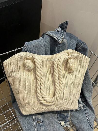New Large Capacity Woven Stripe Straw Bag Beach Style Weaved Basket Tote For Women With Shoulder Strap Color Block Woven Straw Bag For Women, Large Capacity, Perfect For Vacation Beach & Daily Shopping