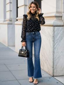 欧美时尚蓝色修身舒适休闲简约破洞喇叭裤牛仔裤