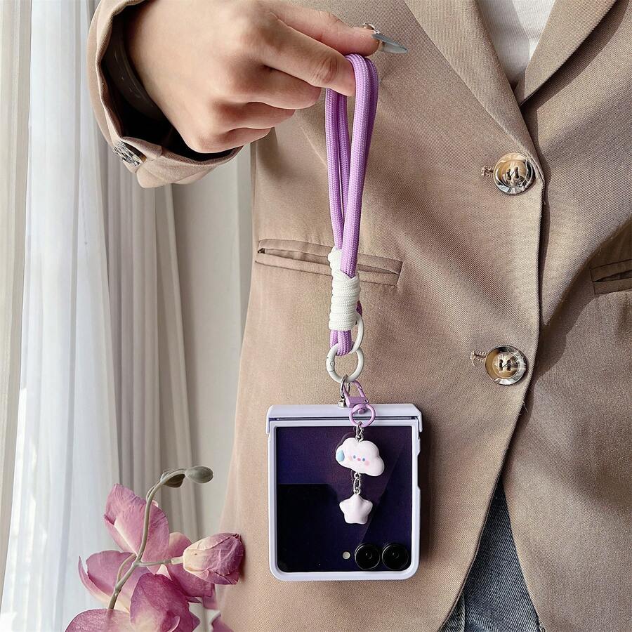Luxury Purple Smooth Phone Case With Cloud Protable Strap Compatible With Samsung Galaxy ZFlip7 Z Flip6 ZFlip 5 Zflip6 Zflip5 Shockproof Back Cover, Phone Case Compatible With Motorola - Màu tím hoa cà - Xem 1