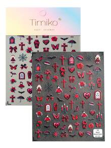 1张暗黑浪漫哥特玫瑰美甲贴纸，包含红黑玫瑰、十字架、棺材、蝙蝠、哥特娃娃，搭配蜘蛛网、雨伞、烛台和其他暗黑元素，营造神秘优雅的氛围，适合个人DIY和美甲沙龙使用。 - 彩色 - 查看 6