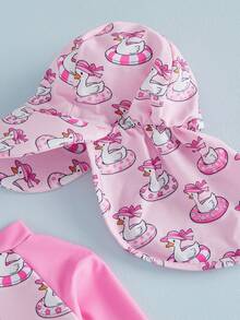 Baby Girl Rash Guard Swimsuit Fish Tail Girl/Duck Print Zipper Long Sleeve Bathing Suit With Swim Cap - Hot Pink - View 3