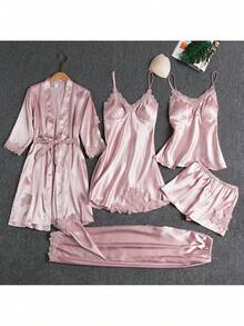 Five-Piece Set - Women's Summer Ice Silk Pajamas, Sexy And Hot, Adult Long-Sleeved Thin Women's Bathrobes For Spring And Autumn, Five-Piece Set, Multi-Color - Bộ sâm panh năm món - Xem 3